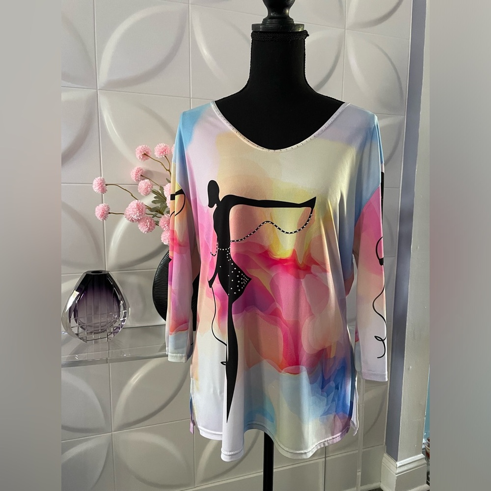 Valentina Women's Miami Chic Dancing Silhouette Silver Studs Tunic Top Size XL